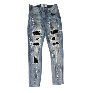 DNA Premium Painted Embellished Ripped Destroyed Blue Jeans 30 Streetwear Grunge